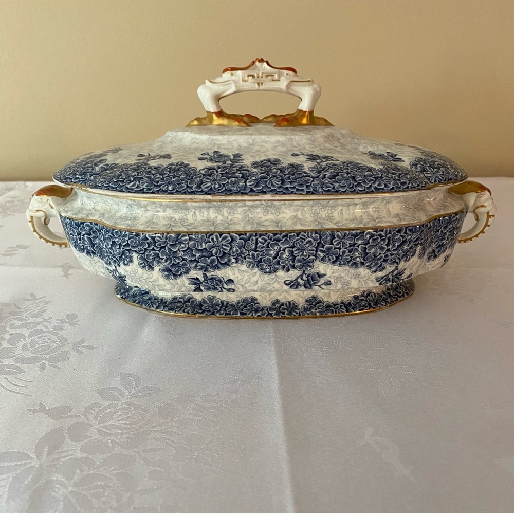 Royal Worcester W2297 68547 Oval Covered Serving Dish Blue Floral Gold Trim 1890 - Picture 3 of 11